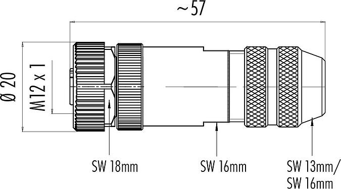 Scale drawing M12 Female cable connector, Contacts: 4, 6.0-8.0 mm, shieldable, screw clamp, IP67, UL 2238, with shielding ring