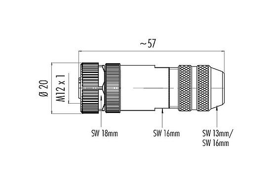 Dibujo a escala M12 Conector de cable hembra, Número de contactos: 5, 4,0-6,0 mm, blindable, tornillo extraíble, IP67, UL 2238, con anillo de protección