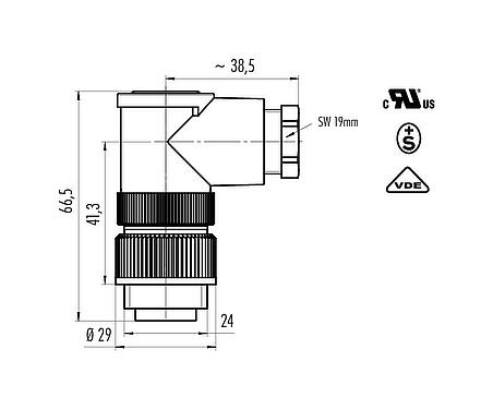 Scale drawing RD24 Male angled connector, Contacts: 6+PE, 8.0-10.0 mm, unshielded, solder, IP67, UL, ESTI+, VDE, PG 11