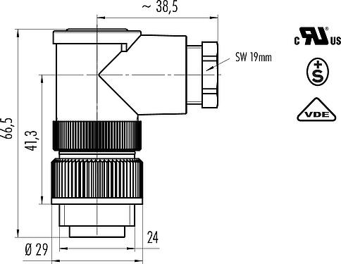 Dessin coté RD24 Connecteur mâle coudé, Contacts: 6+PE, 8,0-10,0 mm, non blindé, souder, IP67, UL, ESTI+, VDE, PG 11