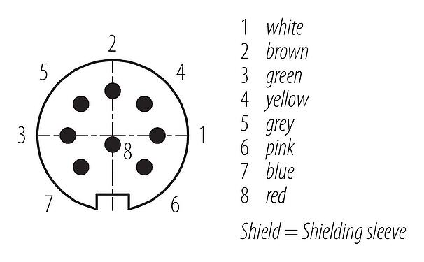 Contact arrangement (Plug-in side) M16 Male angled connector, Contacts: 8, shielded, moulded on the cable, IP67, PUR, black, 8 x 0.25 mm², 5 m