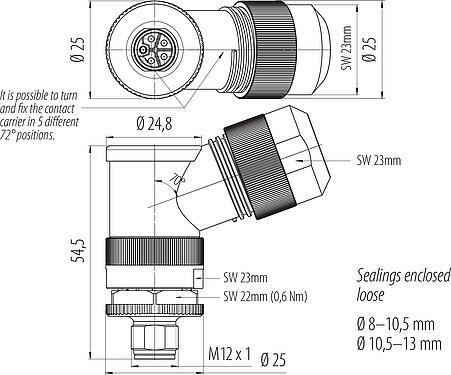 Dessin coté M12 Connecteur mâle coudé, Contacts: 4+FE, 8,0-13,0 mm, non blindé, pince à visser, IP67, M12x1,0, pour l'alimentation électrique, UL 2237 en préparation, avec connexion PE