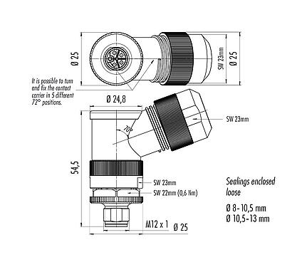 Scale drawing 99 0639 370 05 - M12 Male angled connector, Contacts: 4+FE, 8.0-13.0 mm, unshielded, screw clamp, IP67, M12x1.0, for the power supply, UL 2237 in preparation, with PE connection