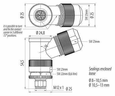 Dibujo a escala M12 Conector macho en ángulo, Número de contactos: 4+FE, 8,0-13,0 mm, sin blindaje, tornillo extraíble, IP67, UL 2238, M12x1,0, para la fuente de alimentación (potencia)