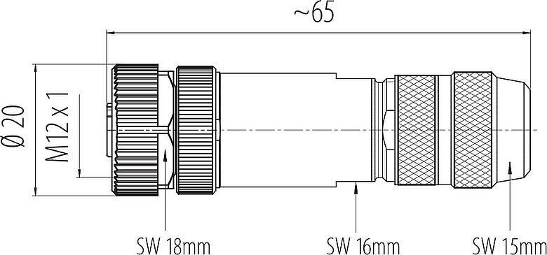 Dibujo a escala M12 Conector de cable hembra, Número de contactos: 8, 8,0-9,0 mm, blindable, tornillo extraíble, IP67, UL 2238, Pluma de iris
