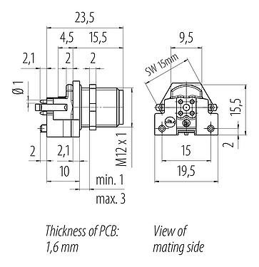 Dibujo a escala M12 Enchufe de brida, Número de contactos: 4, blindable, THR, IP67, UL 2238, M12x1,0, Montaje en pared