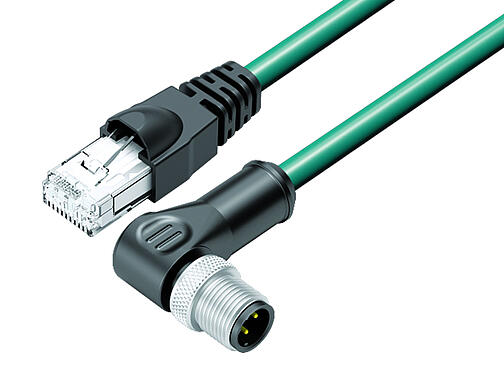 3D View 77 9753 4527 34704-1000 - M12/RJ45 Connecting cable male angled connector - RJ45 connector, Contacts: 4, shielded, molded/crimp, IP67, Ethernet CAT5e, TPE, blue/green, 2 x 2 x AWG 24, 10 m