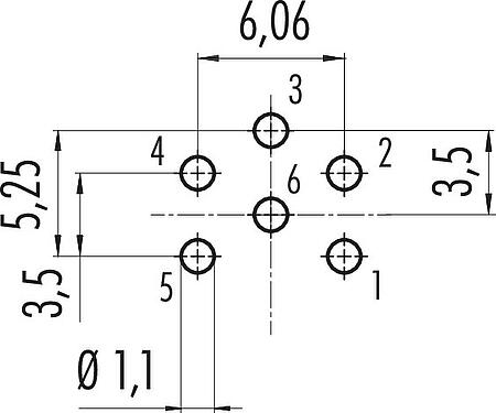 Conductor layout M16 Male panel mount connector, Contacts: 6 (06-a), unshielded, THT, IP40, M18x0,75, Rear mounting