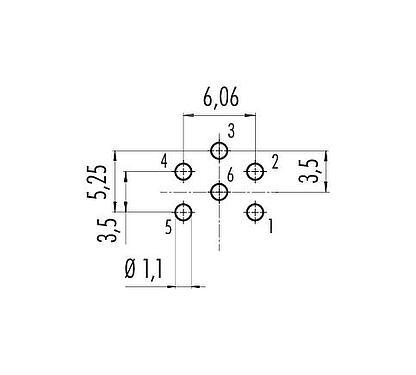 Conductor layout M16 Male panel mount connector, Contacts: 6 (06-a), unshielded, THT, IP67, UL 2238, M18x0,75, Rear mounting