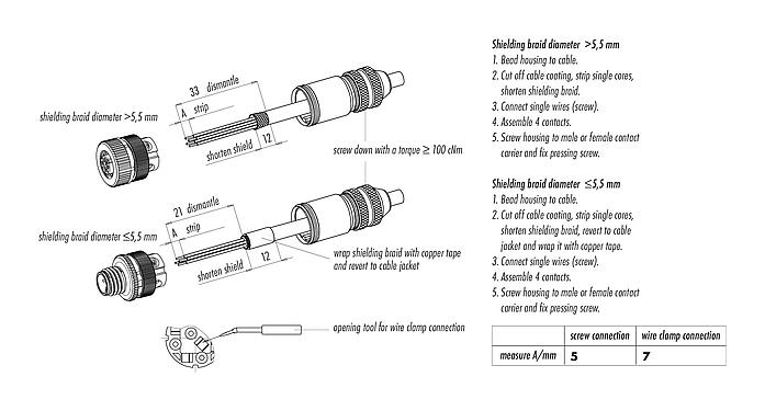 Instructions de montage 99 1439 810 05 - M12 Connecteur mâle, Contacts: 5, 5,0-8,0 mm, blindable, pince à visser, IP67, UL