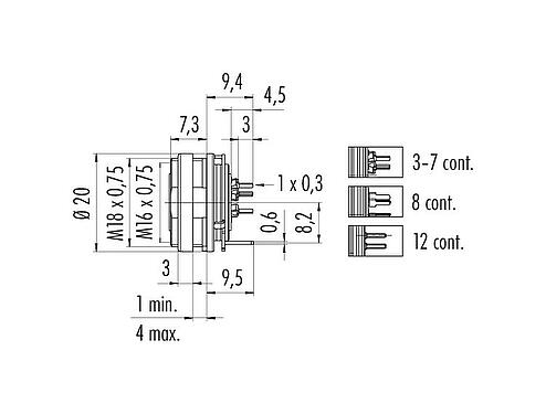 Scale drawing M16 Female panel mount connector, Contacts: 3 (03-a), shieldable, THT, IP40, M18x0,75, Rear mounting