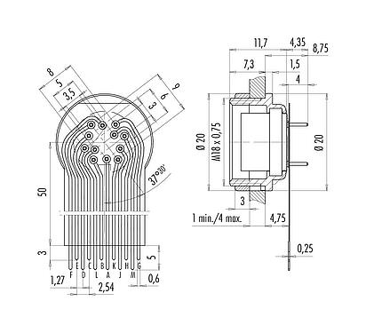 Conexión y dimensiones
M16 Toma de brida, Número de contactos: 12 (12-a), sin blindaje, THT, IP40, M18x0,75, Montaje en pared