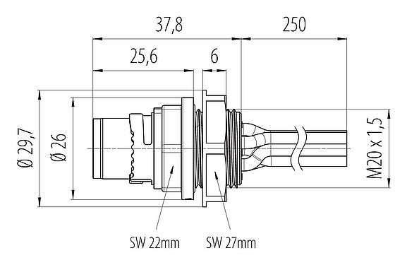 Scale drawing 09 6111 150 06 - Bayonet Male panel mount connector, Contacts: 6, unshielded, single wires, IP66/IP67, UL 2237, M20x1.5, Front mounting