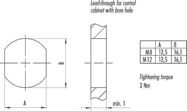 Instructions de montage / Découpe du panneau M12 Traversée de panneau, Contacts: 8, blindé, enfichable, IP67, UL 2238, M12x1,0, Montage mural arrière