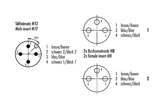 Disposition des contacts (Côté plug-in) M12/M8 Connecteur répartiteur de câbles - 2 connecteur d‘angle femelle, Contacts: 4/3, non blindé, surmoulé sur le câble, IP67, UL 2238, PUR, noir, 3 x 0,34 mm², avec LED, PNP, 1 m