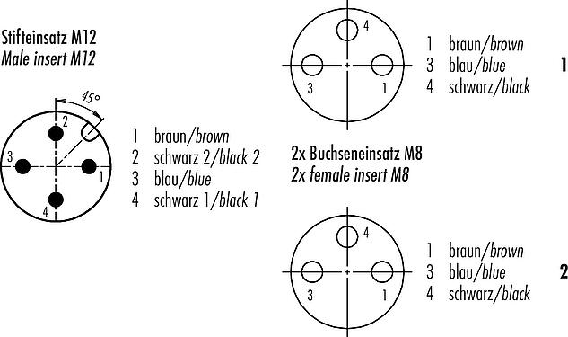 Disposición de los contactos (lado de la conexión) M12/M8 Divisor de cables macho - 2 conector hembra en ángulo, Número de contactos: 4/3, sin blindaje, moldeado en el cable, IP67, UL 2238, PUR, negro, 3 x 0,34 mm², con LED PNP, 1 m