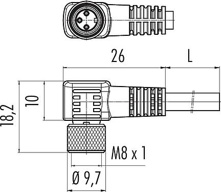 Scale drawing M8 Female angled connector, Contacts: 3, shielded, moulded on the cable, IP67, PUR, black, 3 x 0.34 mm², 2 m