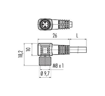 Dibujo a escala M8 Conector hembra en ángulo, Número de contactos: 4, blindado, moldeado en el cable, IP67, PUR, negro, 4 x 0,34 mm², 10 m