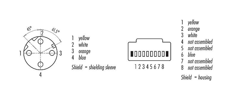 Contact arrangement (Plug-in side) 77 9753 4530 50704-0030 - M12/RJ45 Connecting cable female cable connector - RJ45 connector, Contacts: 4, shielded, molded/crimp, IP67, UL, Profinet/Ethernet CAT5e, PUR, green, 4 x AWG 22, 0.3 m