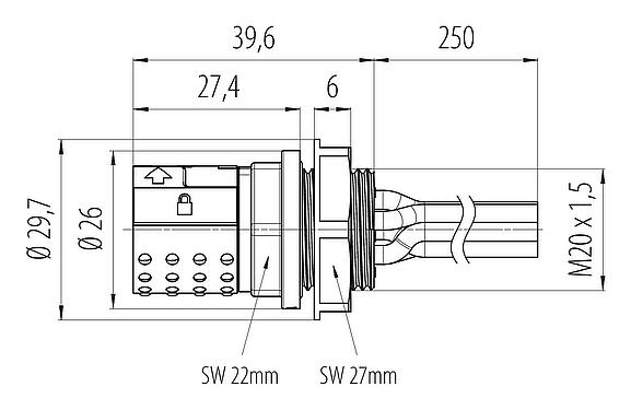 Scale drawing Bayonet Female panel mount connector, Contacts: 6, unshielded, single wires, IP66/IP67, UL 2237, M20x1.5, Front mounting