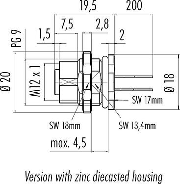 Scale drawing M12 Female panel mount connector, Contacts: 5, unshielded, single wires, IP68/IP69K, UL 2238, PG 9, Rear mounting