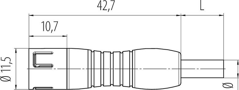 Dibujo a escala Snap-In Conector de cable macho, Número de contactos: 3, sin blindaje, moldeado en el cable, IP67, UL 2238, PUR, negro, 3 x 0,25 mm², 2 m