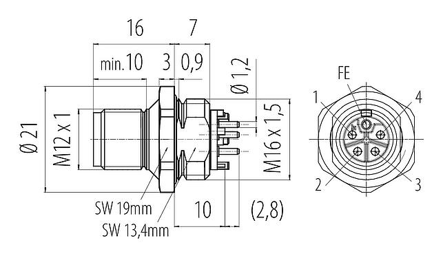Dessin coté M12 Embase mâle, Contacts: 4+FE, non blindé, THR, IP67, UL 2238, M16x1,5, Montage frontal