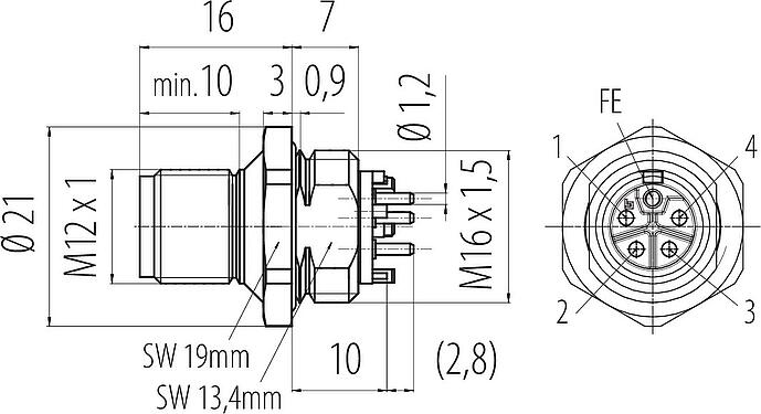 Dessin coté M12 Embase mâle, Contacts: 4+FE, non blindé, THR, IP67, UL 2238, M16x1,5, Montage frontal