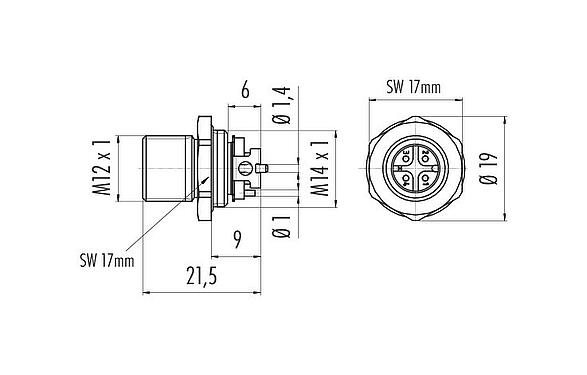 Dibujo a escala M12 Enchufe de brida, Número de contactos: 4, sin blindaje, SMT, IP67, M12x1,0, Montaje frontal