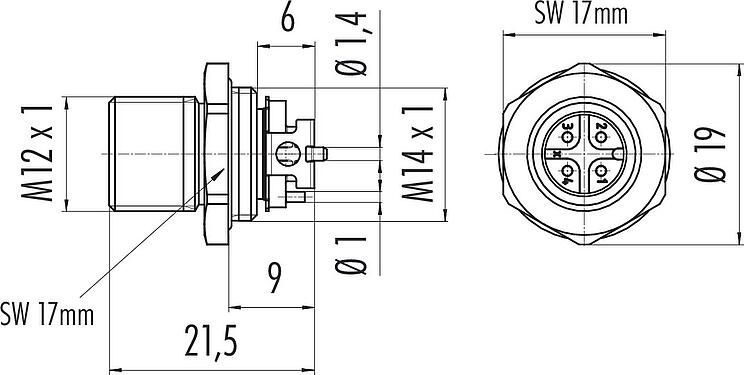 Scale drawing M12 Male panel mount connector, Contacts: 4, unshielded, SMT, IP67, M12x1.0, Front mounting