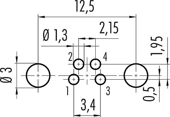Conductor layout M8 Male panel mount connector, Contacts: 4, shieldable, THT, IP67, UL 2238, M8x1.0, Rear mounting, potted
