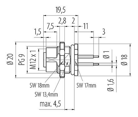 Scale drawing 09 3442 92 05 - M12 Female panel mount connector, Contacts: 5, unshielded, THT, IP68, PG 9, Front mounting