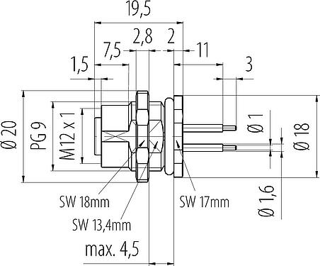 Scale drawing M12 Female panel mount connector, Contacts: 5, unshielded, THT, IP68, PG 9, Rear mounting