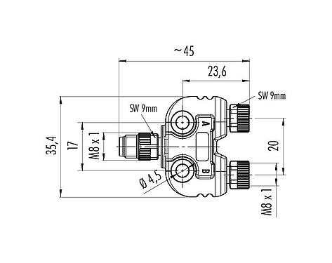 Scale drawing M8 Twin distributors, Y-distributor, male connector - 2 female connector, Contacts: 4/3, unshielded, pluggable, IP67, UL 2238