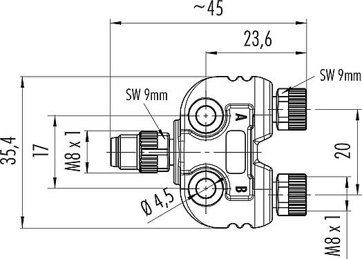 Dibujo a escala M8 Distribuidor doble, distribuidor de Y, macho - 2 tomas, Número de contactos: 4/3, sin blindaje, enchufable, IP67, UL 2238