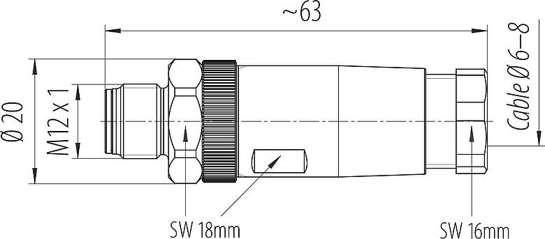 Dibujo a escala M12 Conector de cable macho, Número de contactos: 4, 6,0-8,0 mm, sin blindaje, tornillo extraíble, IP67, Acero inoxidable