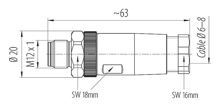 Scale drawing M12 Male cable connector, Contacts: 4, 6.0-8.0 mm, unshielded, screw clamp, IP67, stainless steel