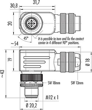 Dibujo a escala M12 Conector macho en ángulo, Número de contactos: 5, 6,5-8,5 mm, blindable, abrazadera de alambre, IP67, con anillo de protección