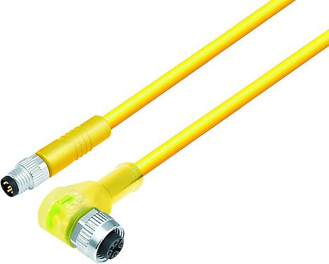 Ilustración M12/M8 Conector de cable macho - conector hembra en ángulo, Número de contactos: 3, sin blindaje, moldeado en el cable, IP67/IP69K, UL 2238, PLTC, TPE-E, amarillo, 4 x AWG 22, 3 m