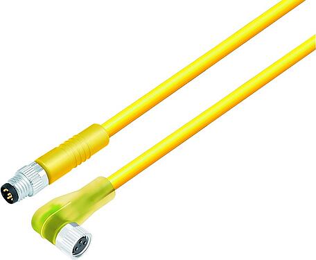 Illustration M8 Male cable connector - female angled connector, Contacts: 3, unshielded, moulded on the cable, IP67/IP69K, UL 2238, PLTC, TPE-E, yellow, 4 x AWG 22, 0.3 m