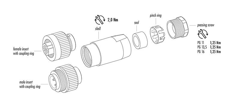 Dessin des composants RD24 Connecteur mâle, Contacts: 3+PE, 8,0-10,0 mm, non blindé, pince à visser, IP67, UL, ESTI+, VDE, PG 11