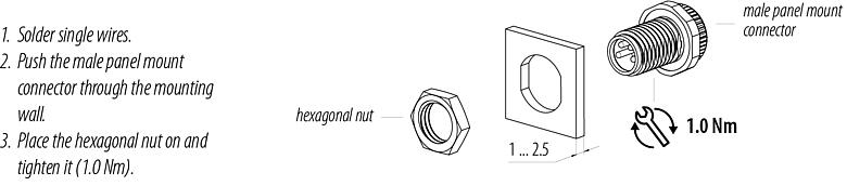 Assembly instructions M8 Male panel mount connector, Contacts: 3, solder, IP67/IP69K, M10x0.75, Rear mounting, with solder cups