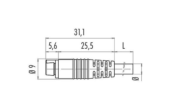 Scale drawing Snap-In Female cable connector, Contacts: 3, unshielded, moulded on the cable, IP40, PVC, black, 3 x 0.25 mm², 2 m