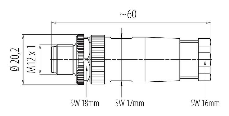 Scale drawing M12 Male cable connector, Contacts: 3, 6.0-8.0 mm, unshielded, screw clamp, IP67, UL 2238