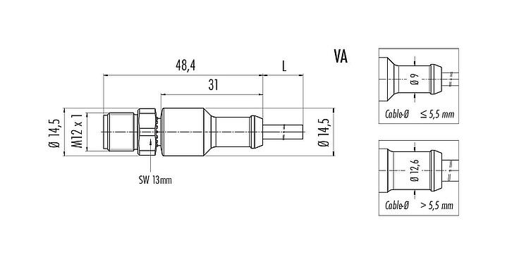 Scale drawing M12 Male cable connector, Contacts: 8, unshielded, moulded on the cable, IP67/IP69K, UL 2238, PUR, black, 8 x 0.25 mm², stainless steel, 10 m