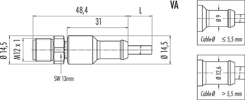 Dessin coté M12 Connecteur mâle, Contacts: 3, non blindé, surmoulé sur le câble, IP67/IP69K, UL 2238, PUR, noir, 3 x 0,34 mm², Acier inoxydable, 5 m
