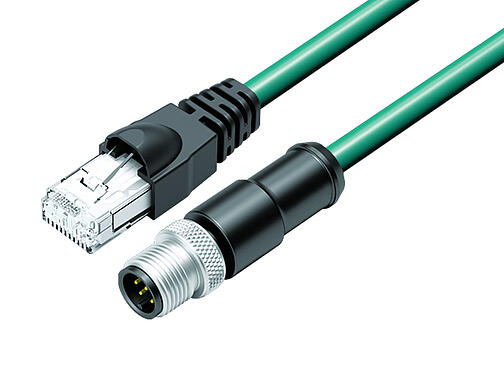 Ilustración 77 9753 3529 34708-0030 - M12/RJ45 Cable de conexión conector de cable macho - conector RJ45, Número de contactos: 8, blindado, moldeado/engarzado, IP67, Ethernet CAT5e, TPE, azul/verde, 4 x 2 x AWG 24, 0,3 m