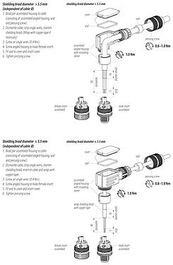 Instrucción de montaje M12 Conector macho en ángulo, Número de contactos: 5, 5,0-8,0 mm, blindable, tornillo extraíble, IP67, UL 2238, Pluma de iris