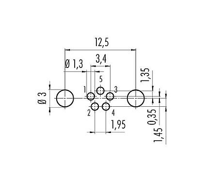 Conductor layout M8 Female panel mount connector, Contacts: 5, shieldable, THT, IP67, UL 2238, M10x0.75, Rear mounting, potted