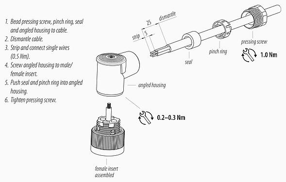 Instrucción de montaje M18 Conector hembra en ángulo, Número de contactos: 4, 6,5-8,0 mm, sin blindaje, tornillo extraíble, IP67, UL